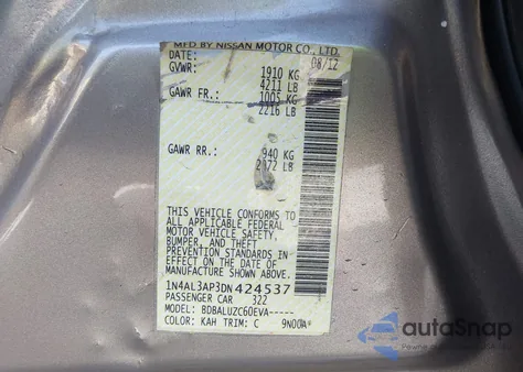 2013 Nissan Altima 2.5 Sv from USA, damaged, VIN 1N4AL3AP3DN424537